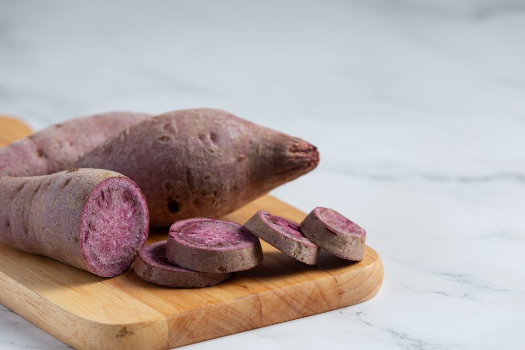 Purple potato tea on the table